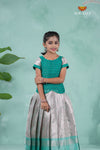 Teal Green Tissue Mughal Traditional Pattu Pavadai For Girls