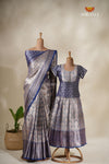 Spiral Tree Navy Blue Mom And Daughter Saree and Pattu Pavadai Combo Set !!!