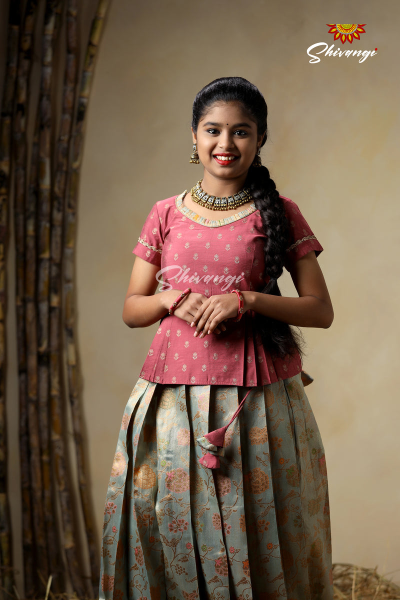 Girls Blue Pine Creeper Pattu Pavadai Langa Designs