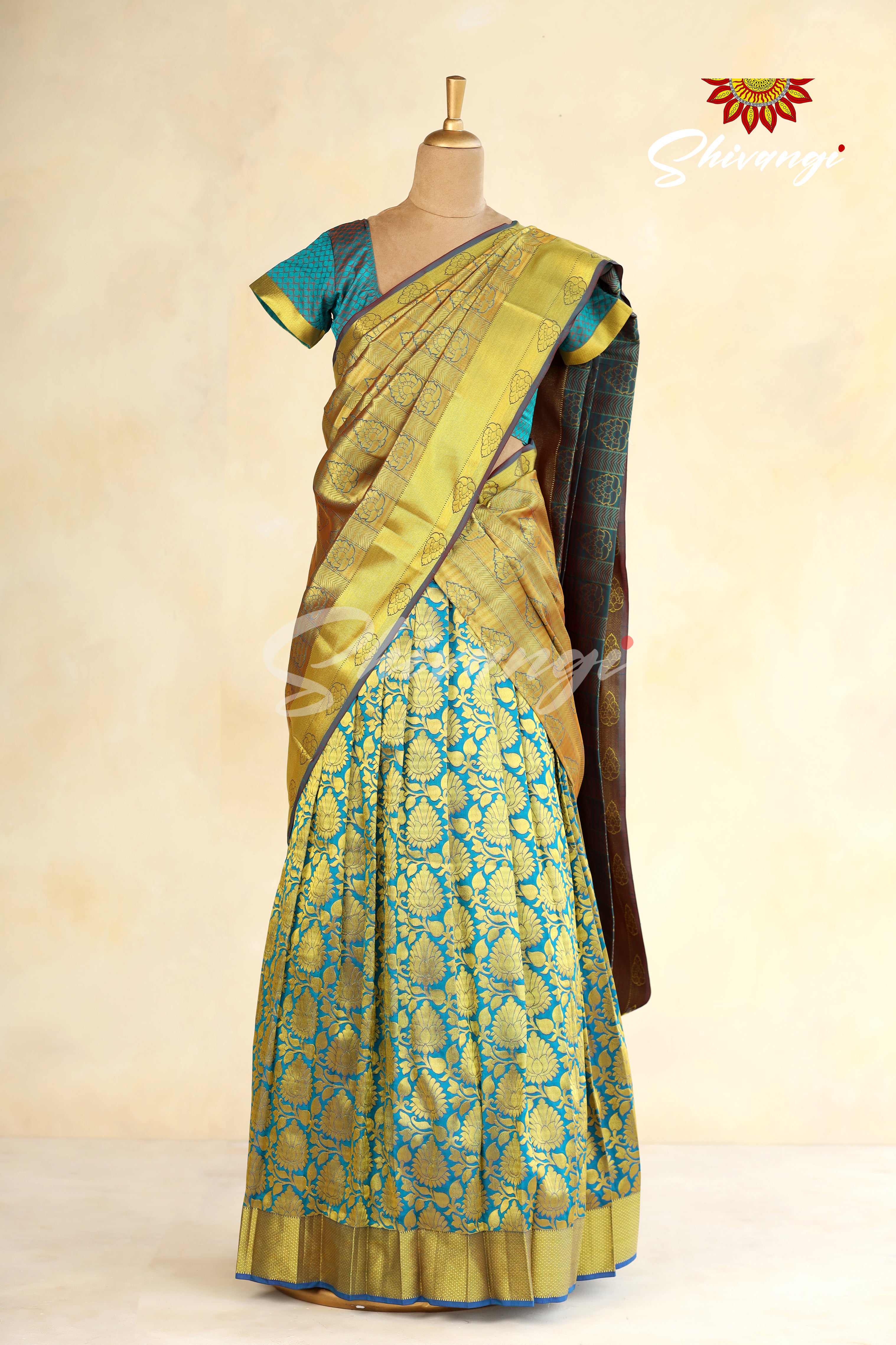 Peach Pure Silk jacquard Half Saree with floral vine design, contrast  border,blouse & dhavani of intricate zari designs