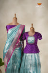 Paithani Garden Blue Mom And Daughter Saree and Pattu Pavadai Combo Set !!!