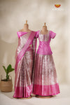 Spiral Tree Pink Mom And Daughter Saree and Pattu Pavadai Combo Set !!!