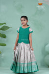 Teal Green Tissue Mughal Traditional Pattu Pavadai For Girls