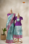 Paithani Garden Blue Mom And Daughter Saree and Pattu Pavadai Combo Set !!!