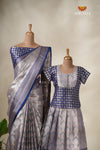 Spiral Tree Navy Blue Mom And Daughter Saree and Pattu Pavadai Combo Set !!!