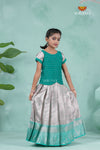 Teal Green Tissue Mughal Traditional Pattu Pavadai For Girls