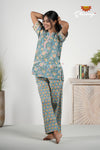 Blue Cotton Night Wear Set For Women 