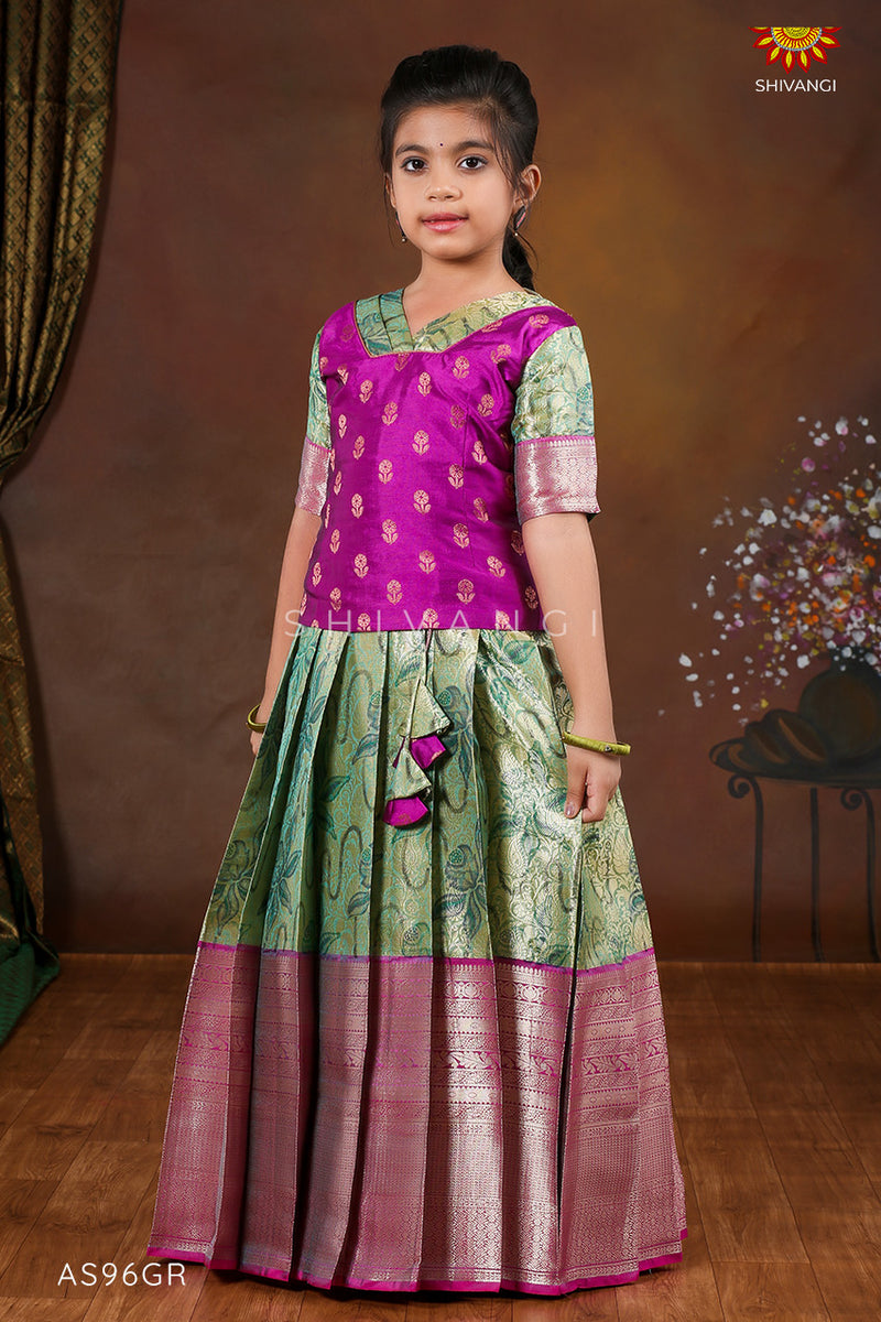 Girls Pink Lilly JKD Green Pattu Pavadai in Elbow Sleeve