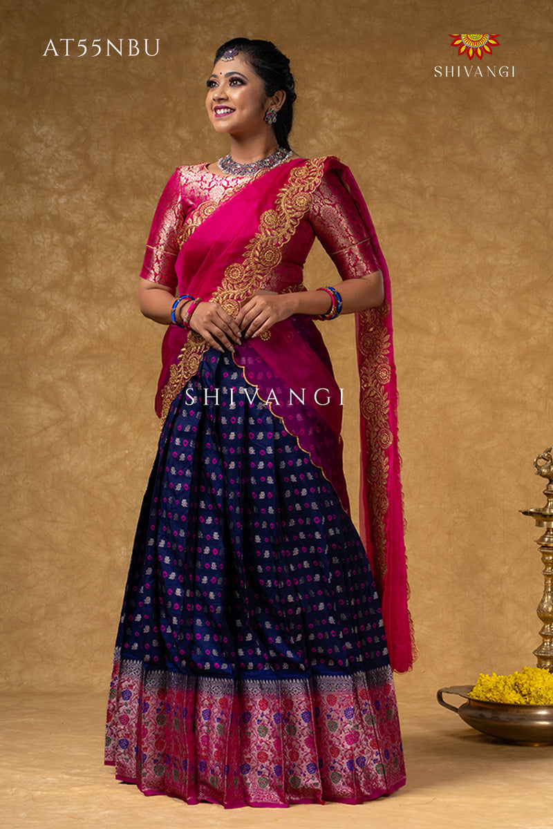 Girls Navy Blue Floral Bandhini Half Saree | Langa Davani