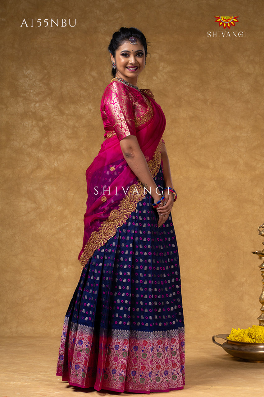 Girls Navy Blue Floral Bandhini Half Saree | Langa Davani