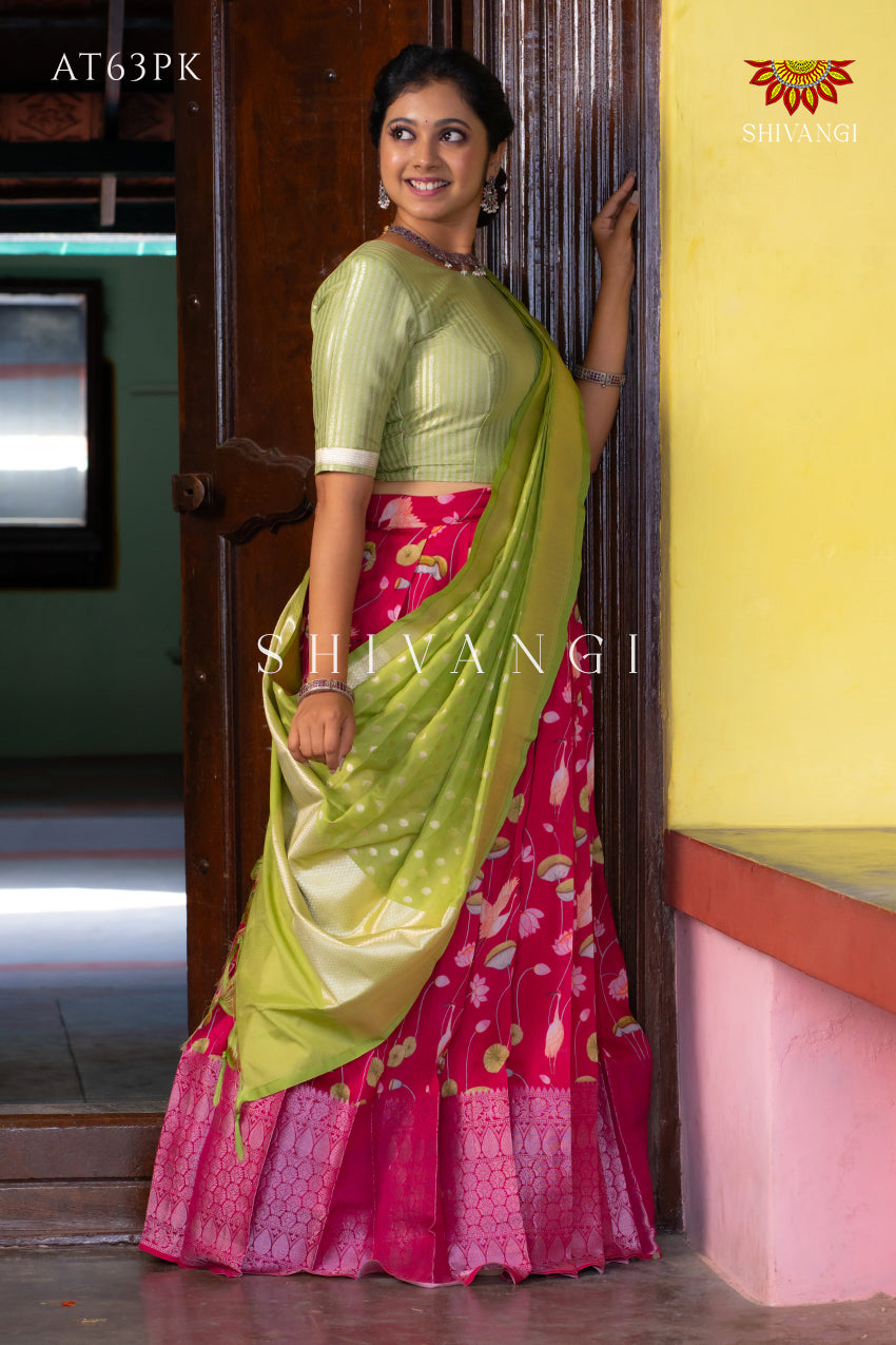 Gorgeous leaf green pink color combination traditional pattu langa voni.  2022-02-08 09 February 2022 | Pink half sarees, Half saree lehenga,  Traditional dresses