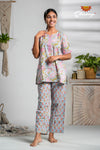 Blue And Pink Floral Print Cotton Night Wear Set For Women