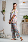 Blue And Pink Floral Print Cotton Night Wear Set For Women