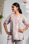 Blue And Pink Floral Print Cotton Night Wear Set For Women