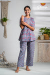 Blue floral Cotton Night Wear Set For Women