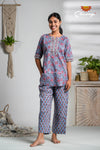 Blue floral Cotton Night Wear Set For Women