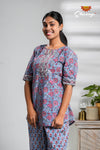 Blue floral Cotton Night Wear Set For Women