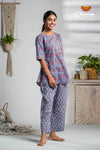 Blue floral Cotton Night Wear Set For Women