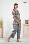 Dark Green Floral Print Cotton Night Wear Set For Women !!!