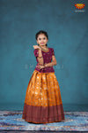 Girls Mustard Yellow Peacock Circle Pattu Pavadai Designs