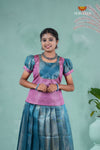 Pongal Collection - Blue Nano Checks Traditional Pattu Pavadai For Girls