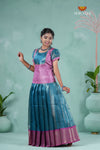 Pongal Collection - Blue Nano Checks Traditional Pattu Pavadai For Girls