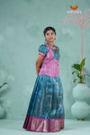 Pongal Collection - Blue Nano Checks Traditional Pattu Pavadai For Girls