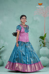 Pongal Collection - Blue Nano Checks Traditional Pattu Pavadai For Girls