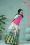 Pongal Collection - Teal Green Silk Lotus Traditional Pattu Pavadai For Girls