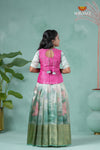 Pongal Collection - Teal Green Silk Lotus Traditional Pattu Pavadai For Girls