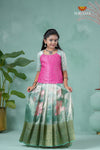 Pongal Collection - Teal Green Silk Lotus Traditional Pattu Pavadai For Girls