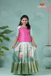 Pongal Collection - Teal Green Silk Lotus Traditional Pattu Pavadai For Girls