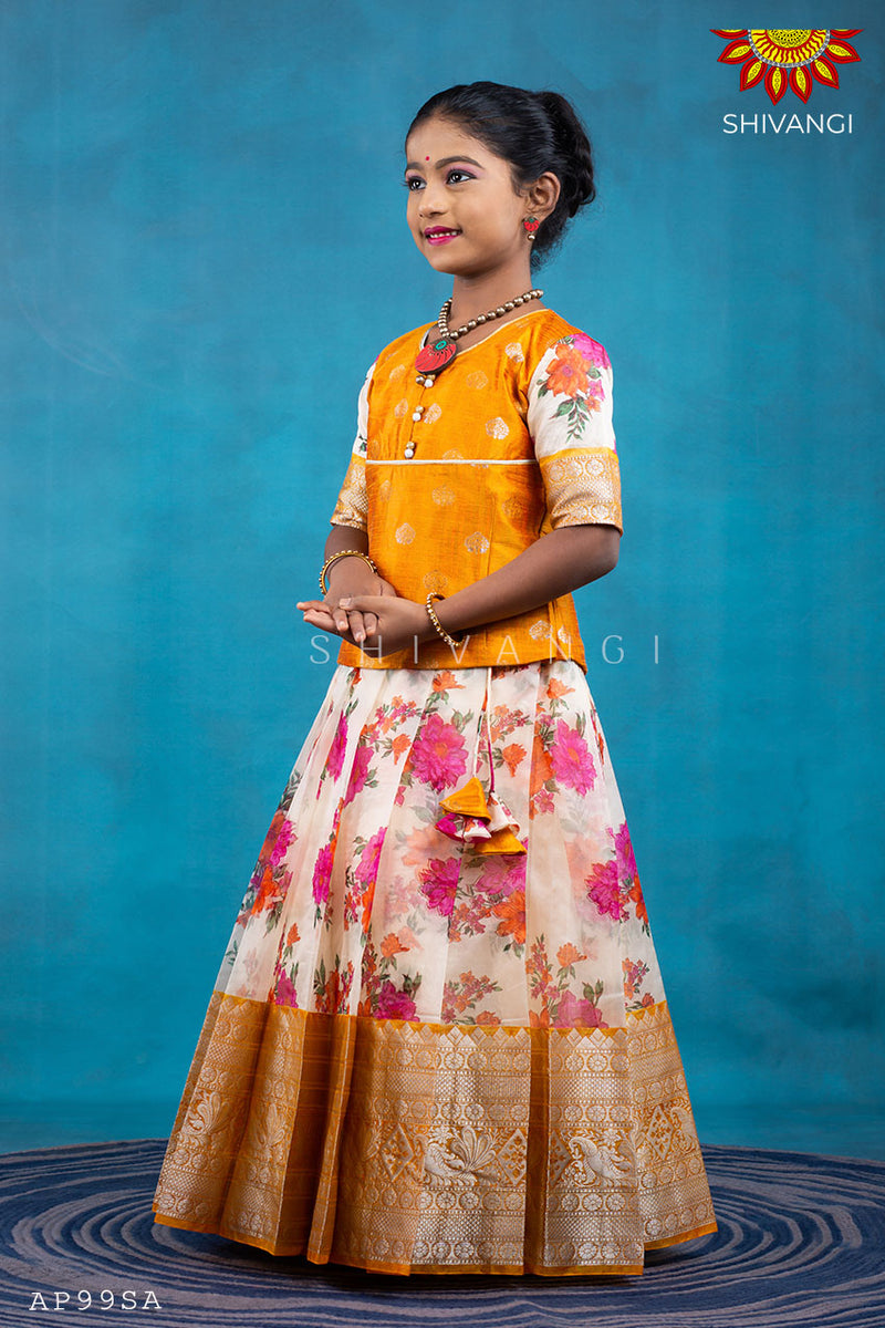 Girls Sandle Organza Floral Digital Print Pattu Pavadai