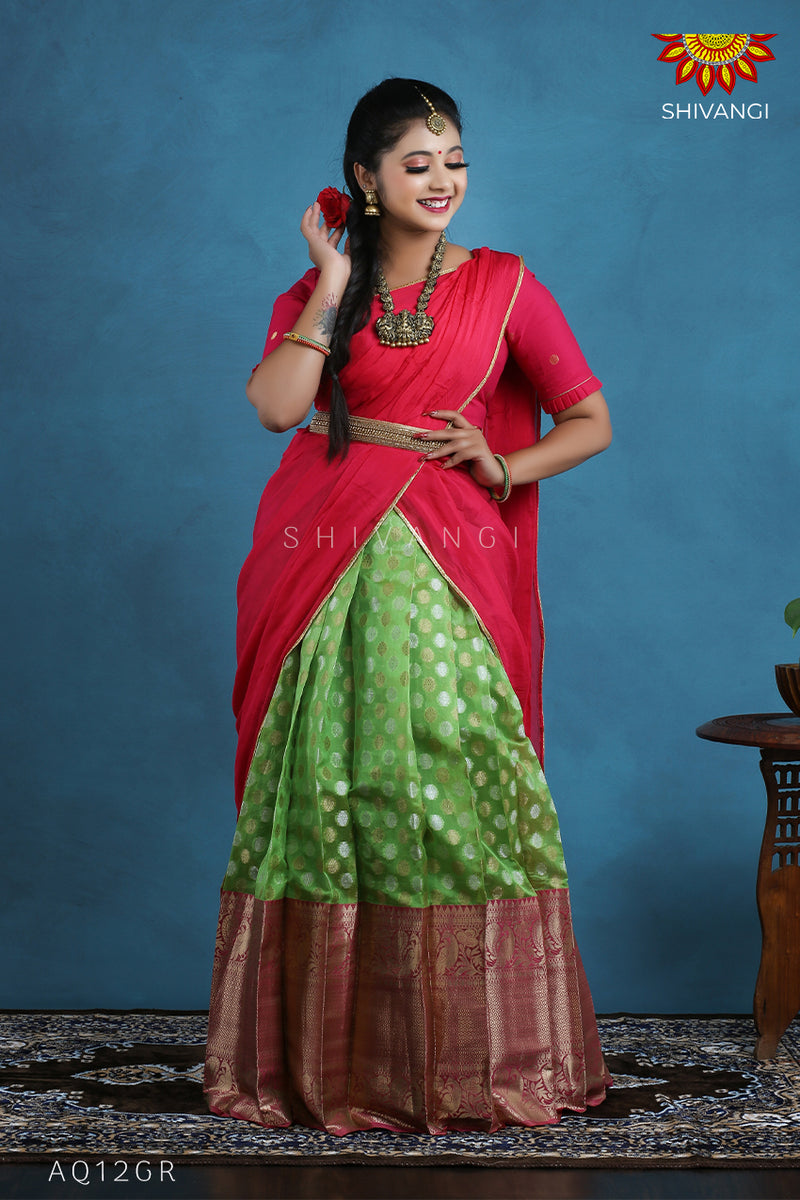 Girls Green Peacock Double Border Half Saree