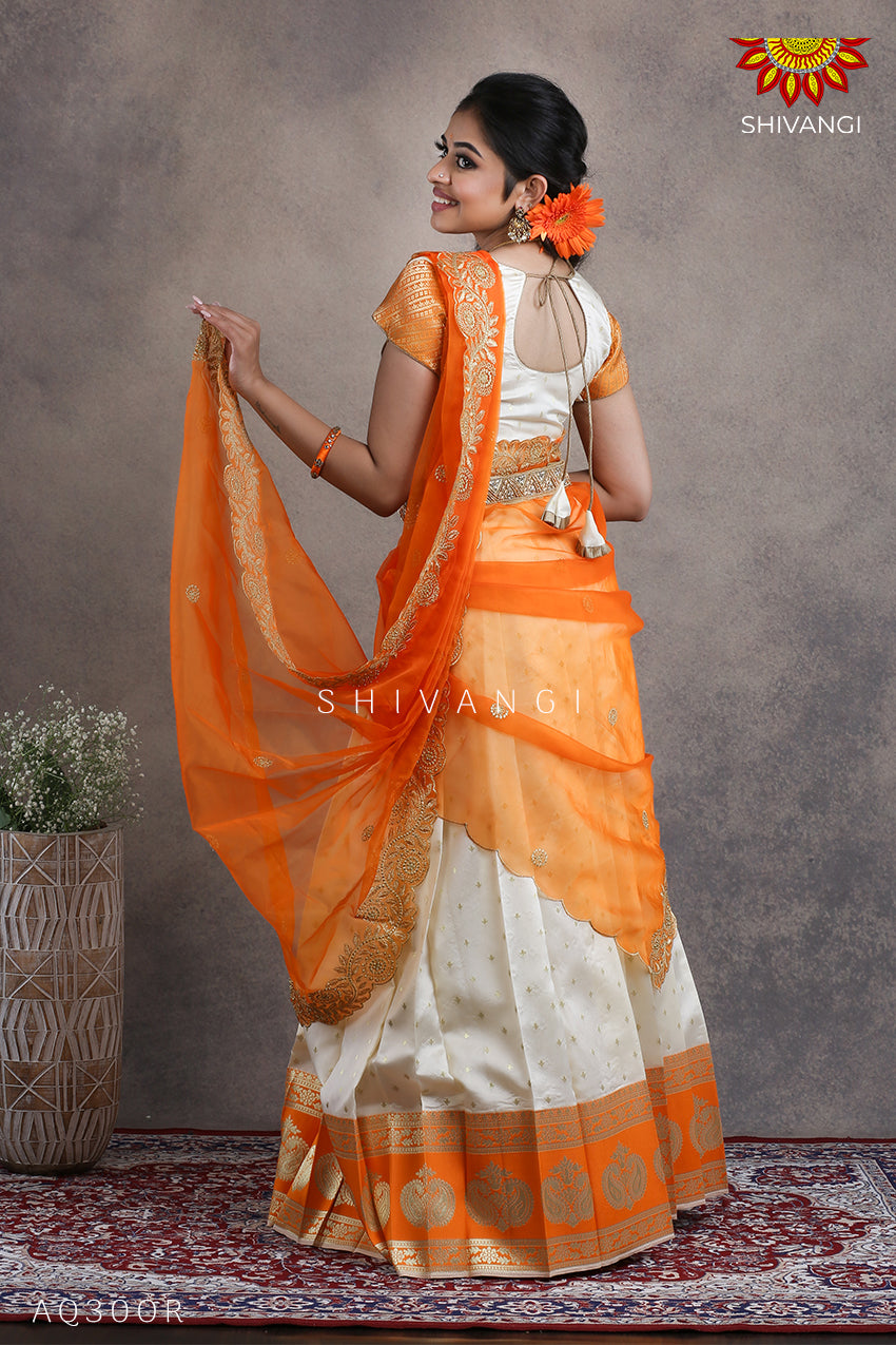 In a orange & red color sheer half saree and elbow length sleeve blouse  design | Half saree designs, Indian beauty saree, Saree models
