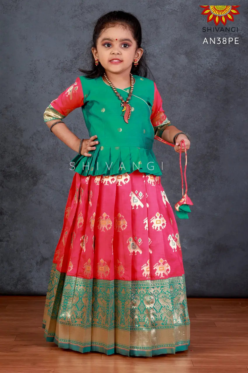 Girls Peach Peacock Patola Pattu Pavadai – Shivangi - Pattu pavadai ...