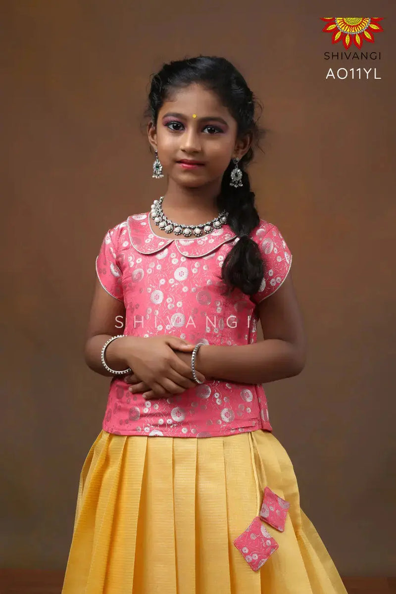 Girls Yellow Chanderi Silver Stripes Pattu Pavadai – Shivangi - Pattu ...