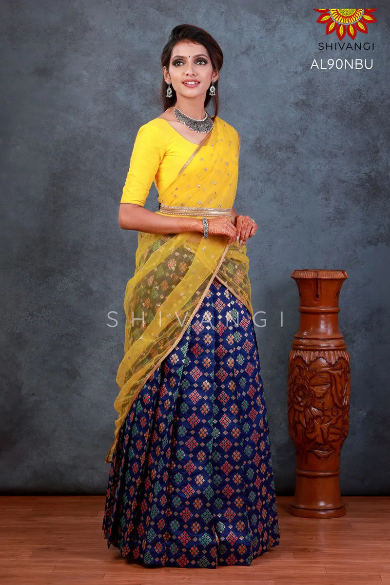 Blue and Yellow half saree pattern for girls and women
